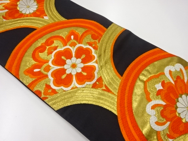 JAPANESE KIMONO / ANTIQUE FUKURO OBI / WOVEN FLORAL SEIGAIHA